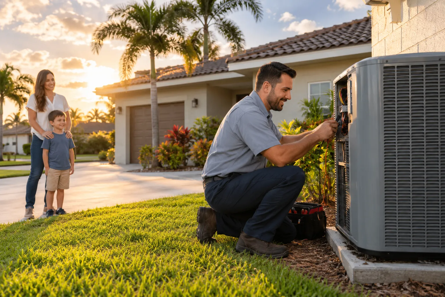 A friendly local HVAC provider checking an outdoor AC unit beside a family home in St. Petersburg